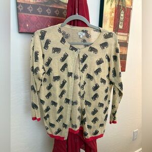 Animal Print Beige Cardigan with Red Accents